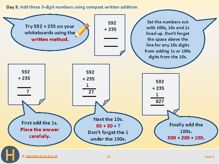 Day 3: Add three 3 -digit numbers using compact written addition. 592 + 235