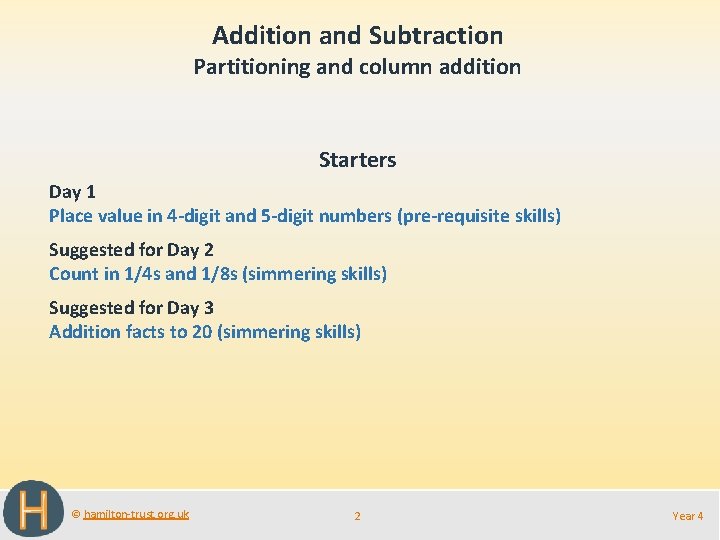 Addition and Subtraction Partitioning and column addition Starters Day 1 Place value in 4