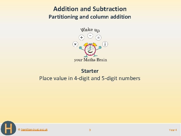 Addition and Subtraction Partitioning and column addition Starter Place value in 4 -digit and