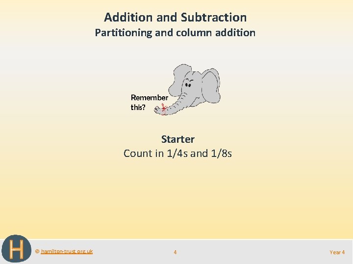 Addition and Subtraction Partitioning and column addition Starter Count in 1/4 s and 1/8