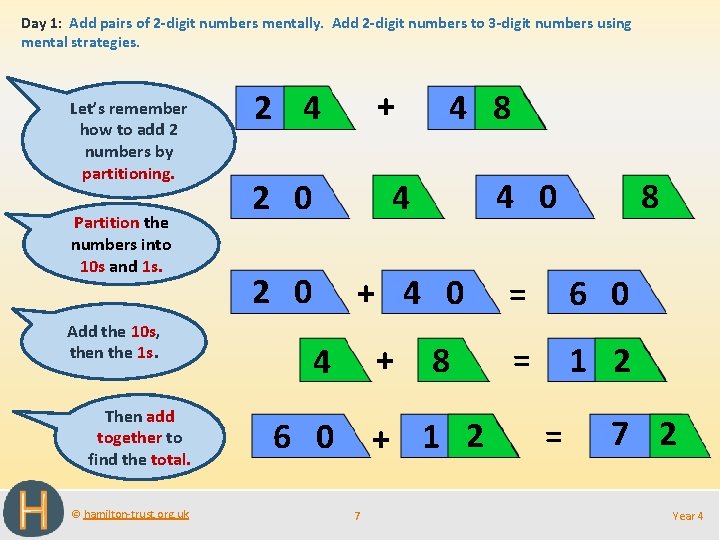 Day 1: Add pairs of 2 -digit numbers mentally. Add 2 -digit numbers to