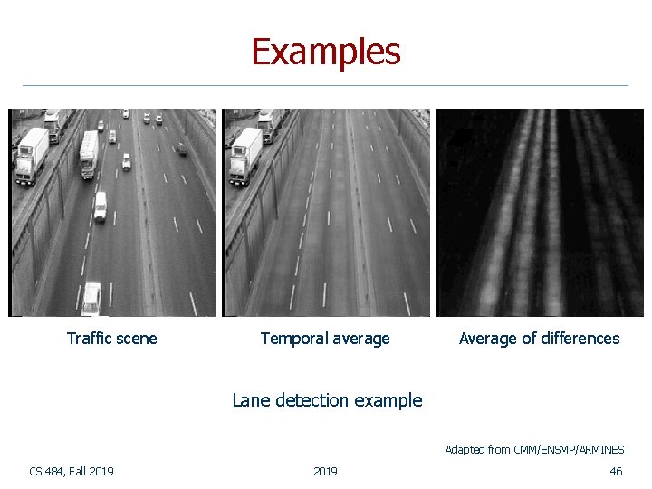 Examples Traffic scene Temporal average Average of differences Lane detection example Adapted from CMM/ENSMP/ARMINES Examples Traffic scene Temporal average Average of differences Lane detection example Adapted from CMM/ENSMP/ARMINES