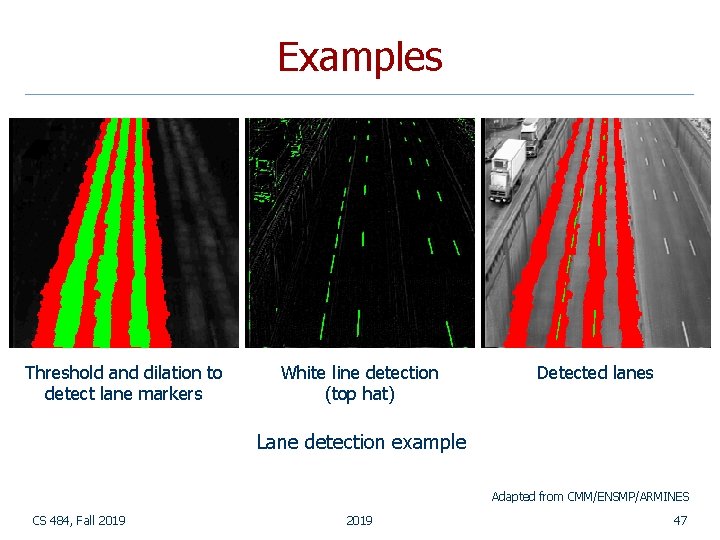 Examples Threshold and dilation to detect lane markers White line detection (top hat) Detected Examples Threshold and dilation to detect lane markers White line detection (top hat) Detected