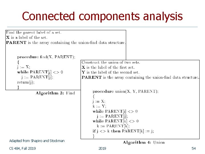 Connected components analysis Adapted from Shapiro and Stockman CS 484, Fall 2019 54 Connected components analysis Adapted from Shapiro and Stockman CS 484, Fall 2019 54