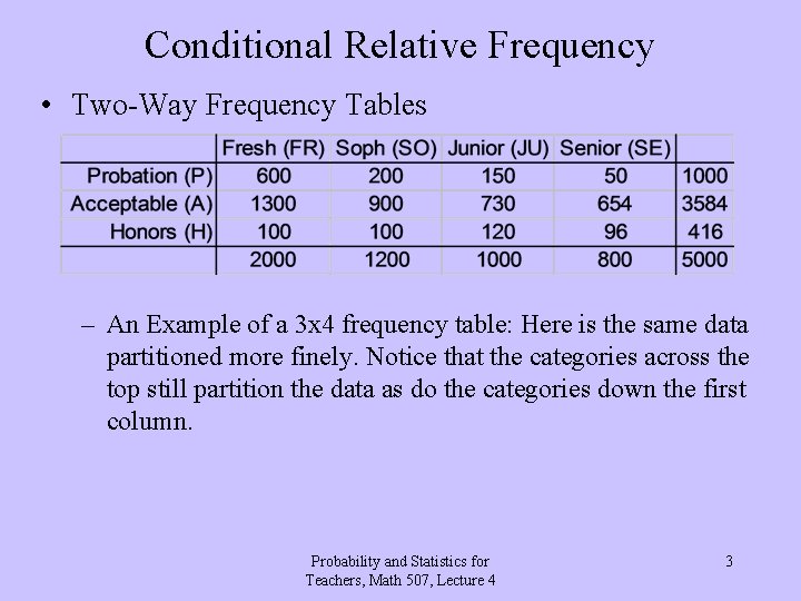 Conditional Relative Frequency • Two-Way Frequency Tables – An Example of a 3 x