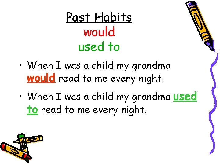 Past Habits would used to • When I was a child my grandma would