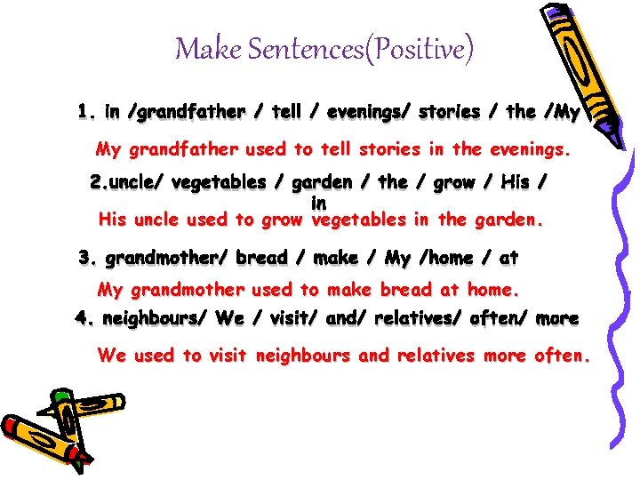 Make Sentences(Positive) 1. in /grandfather / tell / evenings/ stories / the /My My