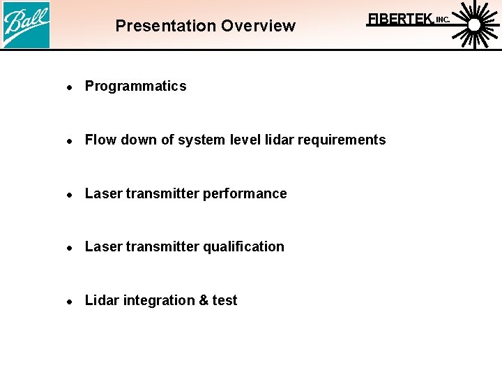 Presentation Overview FIBERTEK, INC. l Programmatics l Flow down of system level lidar requirements