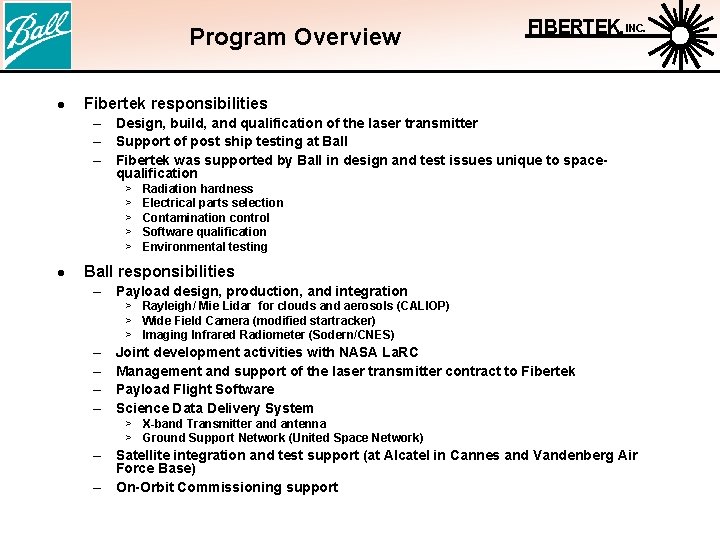 Program Overview l FIBERTEK, INC. Fibertek responsibilities – Design, build, and qualification of the