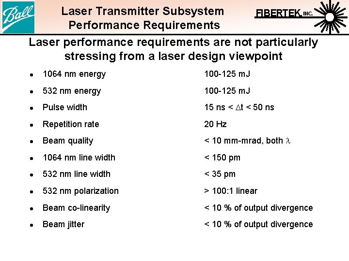 Laser Transmitter Subsystem FIBERTEK, INC. Performance Requirements Laser performance requirements are not particularly stressing