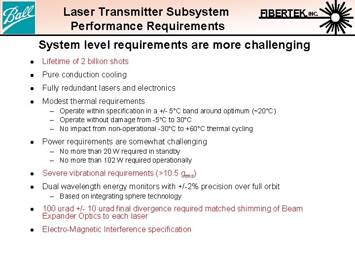 Laser Transmitter Subsystem Performance Requirements FIBERTEK, INC. System level requirements are more challenging l