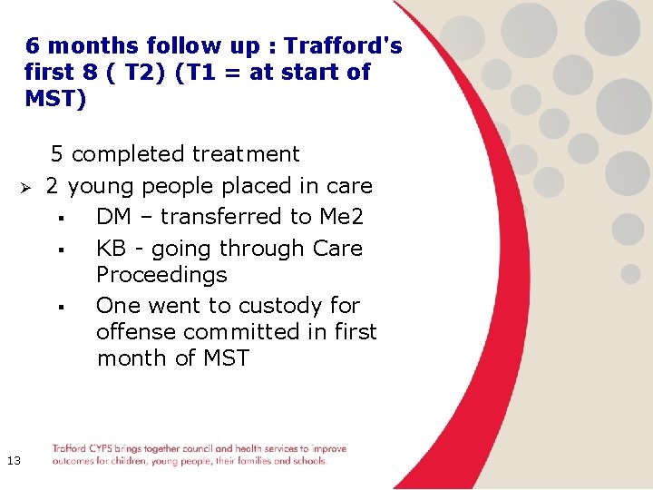 6 months follow up : Trafford's first 8 ( T 2) (T 1 =
