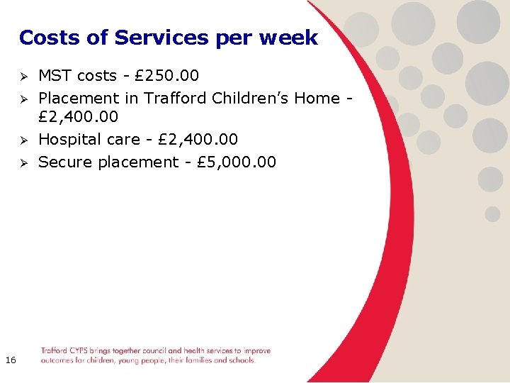 Costs of Services per week Ø Ø 16 MST costs - £ 250. 00
