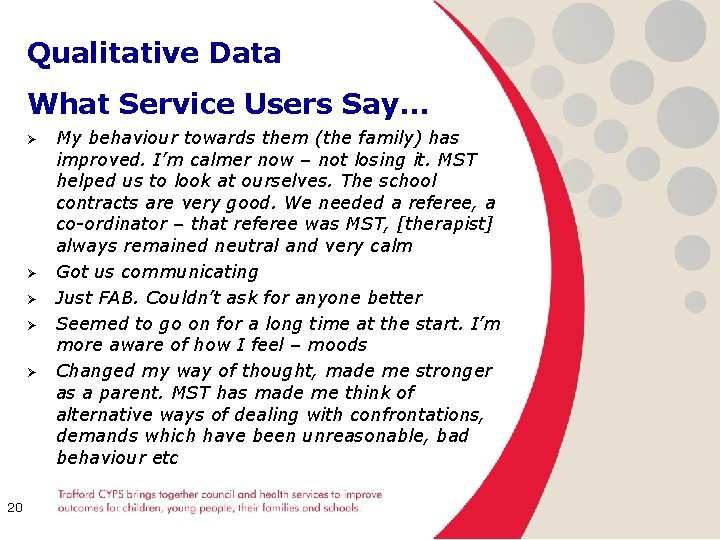 Qualitative Data What Service Users Say… Ø Ø Ø 20 My behaviour towards them