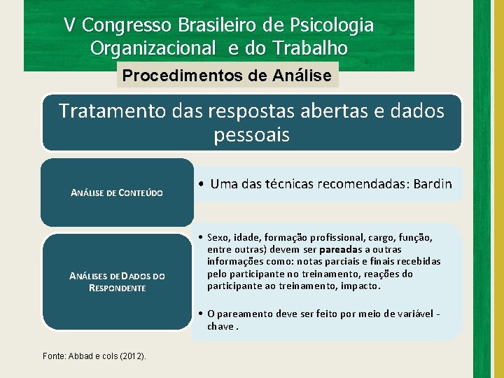 V Congresso Brasileiro de Psicologia Organizacional e do Trabalho Procedimentos de Análise Tratamento das