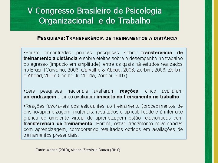 V Congresso Brasileiro de Psicologia Organizacional e do Trabalho PESQUISAS: TRANSFERÊNCIA DE TREINAMENTOS A