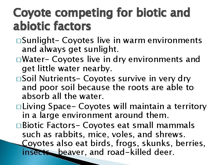 Coyote competing for biotic and abiotic factors � Sunlight- Coyotes live in warm environments