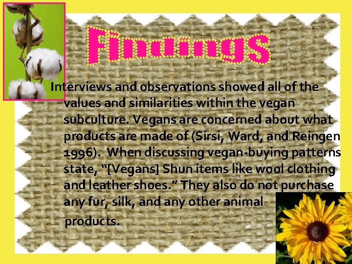 Interviews and observations showed all of the values and similarities within the vegan subculture.
