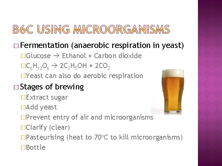 � Fermentation (anaerobic respiration in yeast) �Glucose Ethanol + Carbon dioxide �C 6 H