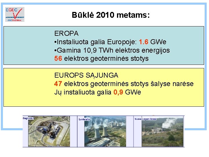 Būklė 2010 metams: EROPA • Instaliuota galia Europoje: 1. 6 GWe • Gamina 10,