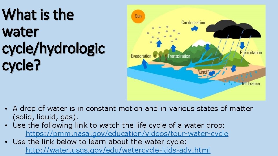 What is the water cycle/hydrologic cycle? • A drop of water is in constant