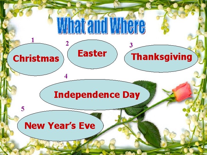 1 2 Easter Christmas 3 Thanksgiving 4 Independence Day 5 New Year’s Eve 