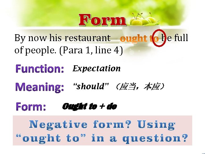 Form By now his restaurant of people. (Para 1, line 4) be full Expectation