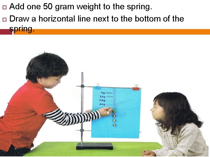  Add one 50 gram weight to the spring. Draw a horizontal line next