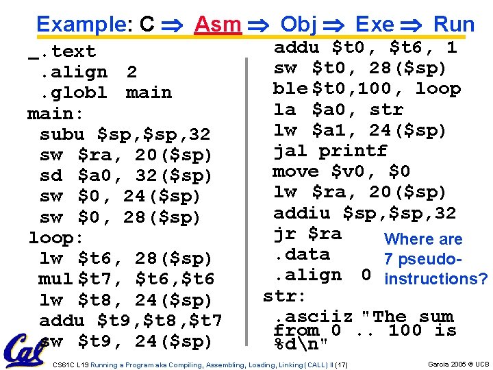Example: C Asm Obj Exe Run. text. align 2. globl main: subu $sp, 32 Example: C Asm Obj Exe Run. text. align 2. globl main: subu $sp, 32