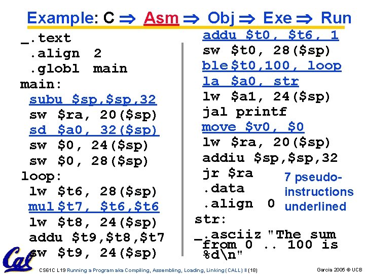 Example: C Asm Obj Exe Run. text. align 2. globl main: subu $sp, 32 Example: C Asm Obj Exe Run. text. align 2. globl main: subu $sp, 32