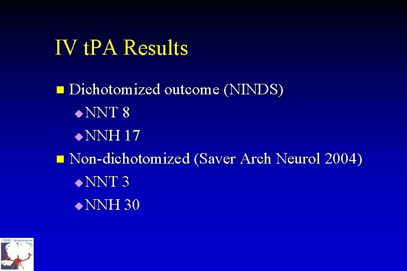 IV t. PA Results Dichotomized outcome (NINDS) u NNT 8 u NNH 17 n