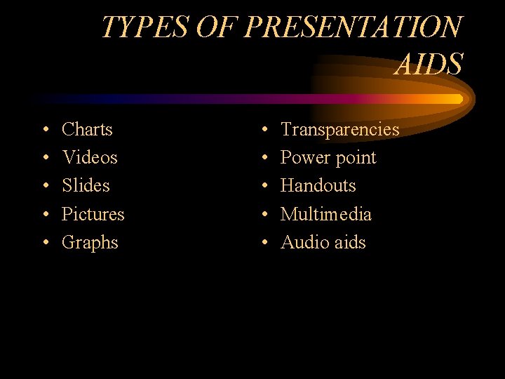 TYPES OF PRESENTATION AIDS • • • Charts Videos Slides Pictures Graphs • •