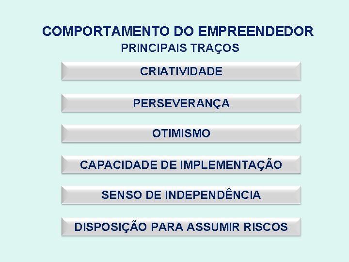 COMPORTAMENTO DO EMPREENDEDOR PRINCIPAIS TRAÇOS CRIATIVIDADE PERSEVERANÇA OTIMISMO CAPACIDADE DE IMPLEMENTAÇÃO SENSO DE INDEPENDÊNCIA