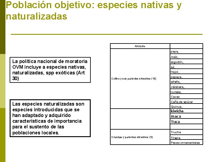 Población objetivo: especies nativas y naturalizadas Atributo papa, La política nacional de moratoria OVM