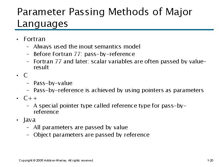 Parameter Passing Methods of Major Languages • Fortran – Always used the inout semantics