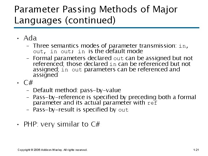 Parameter Passing Methods of Major Languages (continued) • Ada – Three semantics modes of