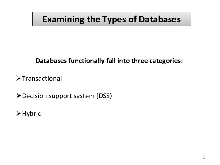 Examining the Types of Databases functionally fall into three categories: ØTransactional ØDecision support system Examining the Types of Databases functionally fall into three categories: ØTransactional ØDecision support system