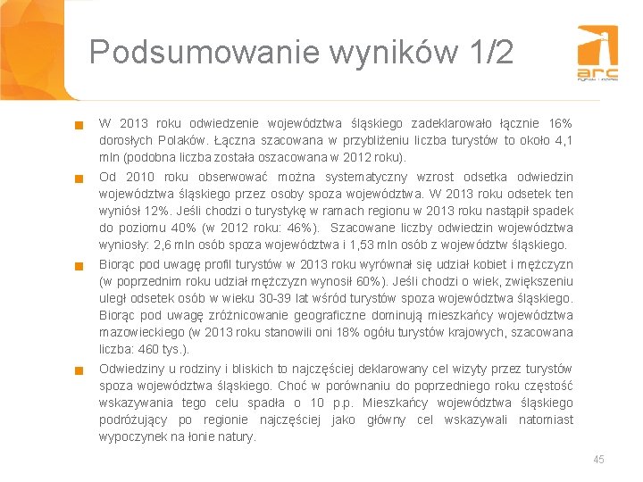 Podsumowanie wyników 1/2 g g W 2013 roku odwiedzenie województwa śląskiego zadeklarowało łącznie 16%