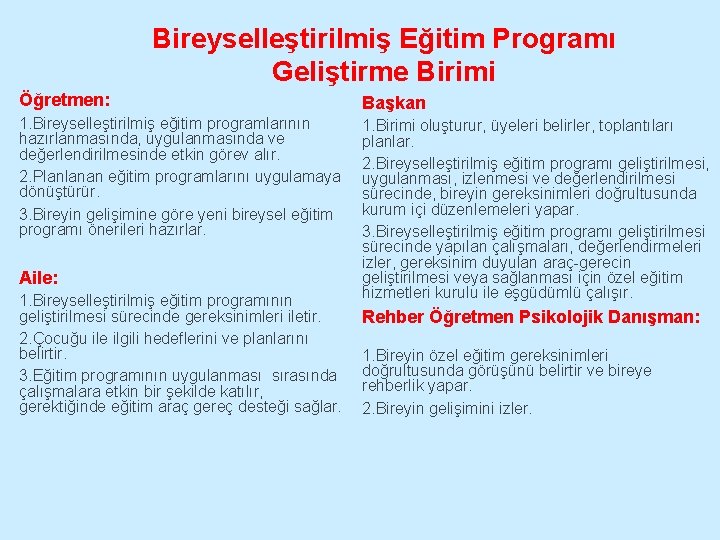 Bireyselleştirilmiş Eğitim Programı Geliştirme Birimi Öğretmen: Başkan 1. Bireyselleştirilmiş eğitim programlarının hazırlanmasında, uygulanmasında ve