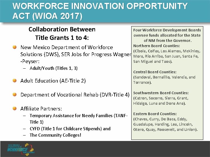WORKFORCE INNOVATION OPPORTUNITY ACT (WIOA 2017) Collaboration Between Title Grants 1 to 4: New