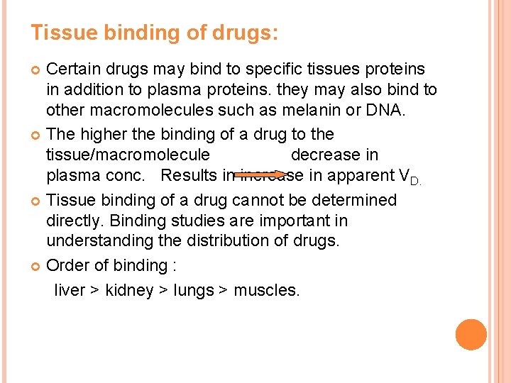 Tissue binding of drugs: Certain drugs may bind to specific tissues proteins in addition