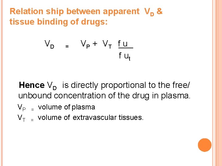 Relation ship between apparent VD & tissue binding of drugs: VD = VP +