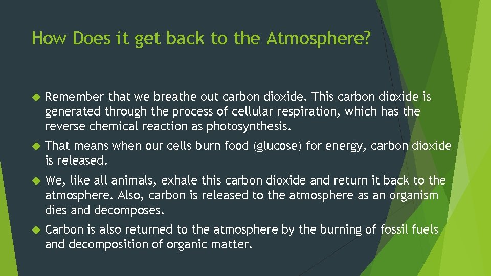 How Does it get back to the Atmosphere? Remember that we breathe out carbon