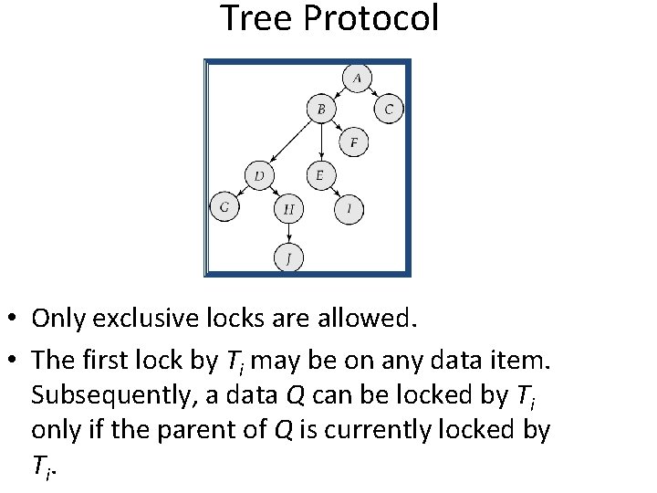 Tree Protocol • Only exclusive locks are allowed. • The first lock by Ti