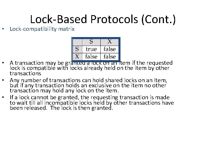Lock-Based Protocols (Cont. ) • Lock-compatibility matrix • A transaction may be granted a