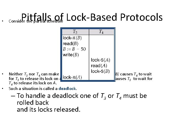 Pitfalls of Lock-Based Protocols • Consider the partial schedule • Neither T 3 nor