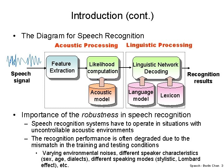 Introduction (cont. ) • The Diagram for Speech Recognition Acoustic Processing Speech signal Feature