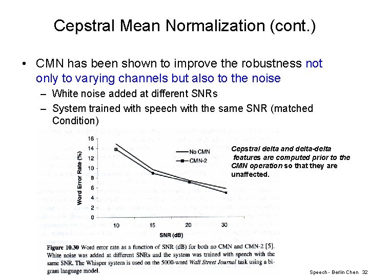 Cepstral Mean Normalization (cont. ) • CMN has been shown to improve the robustness