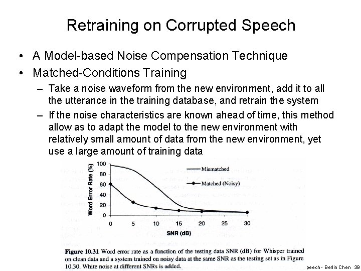 Retraining on Corrupted Speech • A Model-based Noise Compensation Technique • Matched-Conditions Training –