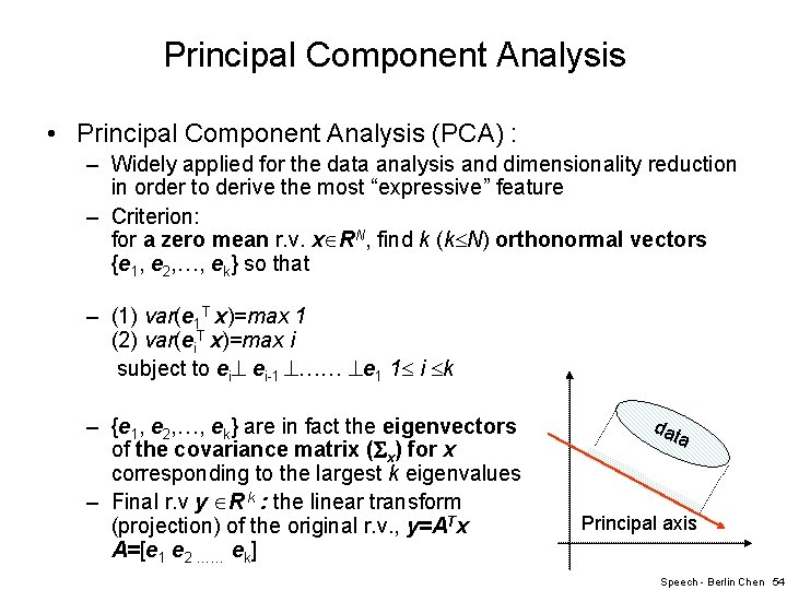 Principal Component Analysis • Principal Component Analysis (PCA) : – Widely applied for the